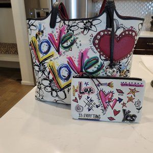 Rare Retired Brighton Love Scribble White Leather Tote w\matching pouch